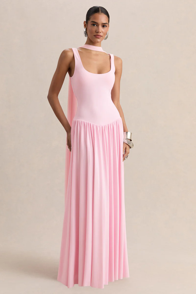 Aurina  Pink Square-Neck Maxi Dress With Scarf-Detail | Club L London
