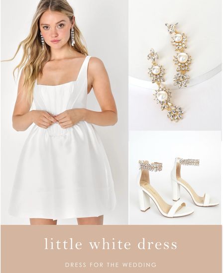 Little white dresses for the bride to be. 🤍 Engagement party dress, short white dress, cute white dress, ivory satin dress, mini dress square neck dress, wedding shoes, wedding earrings, bridal shower dress. White dress under $100 corset dress mini dress bubble dress 
💍 Engaged, planning a wedding or attending several weddings? Dress for the Wedding is a curated wedding shopping site. Follow us to get the product details for this look plus sale alerts on wedding attire, cute dresses under $100, ideas for wedding guest outfits, plus wedding decor and gift ideas! 

#LTKwedding #LTKfindsunder100 #LTKSeasonal