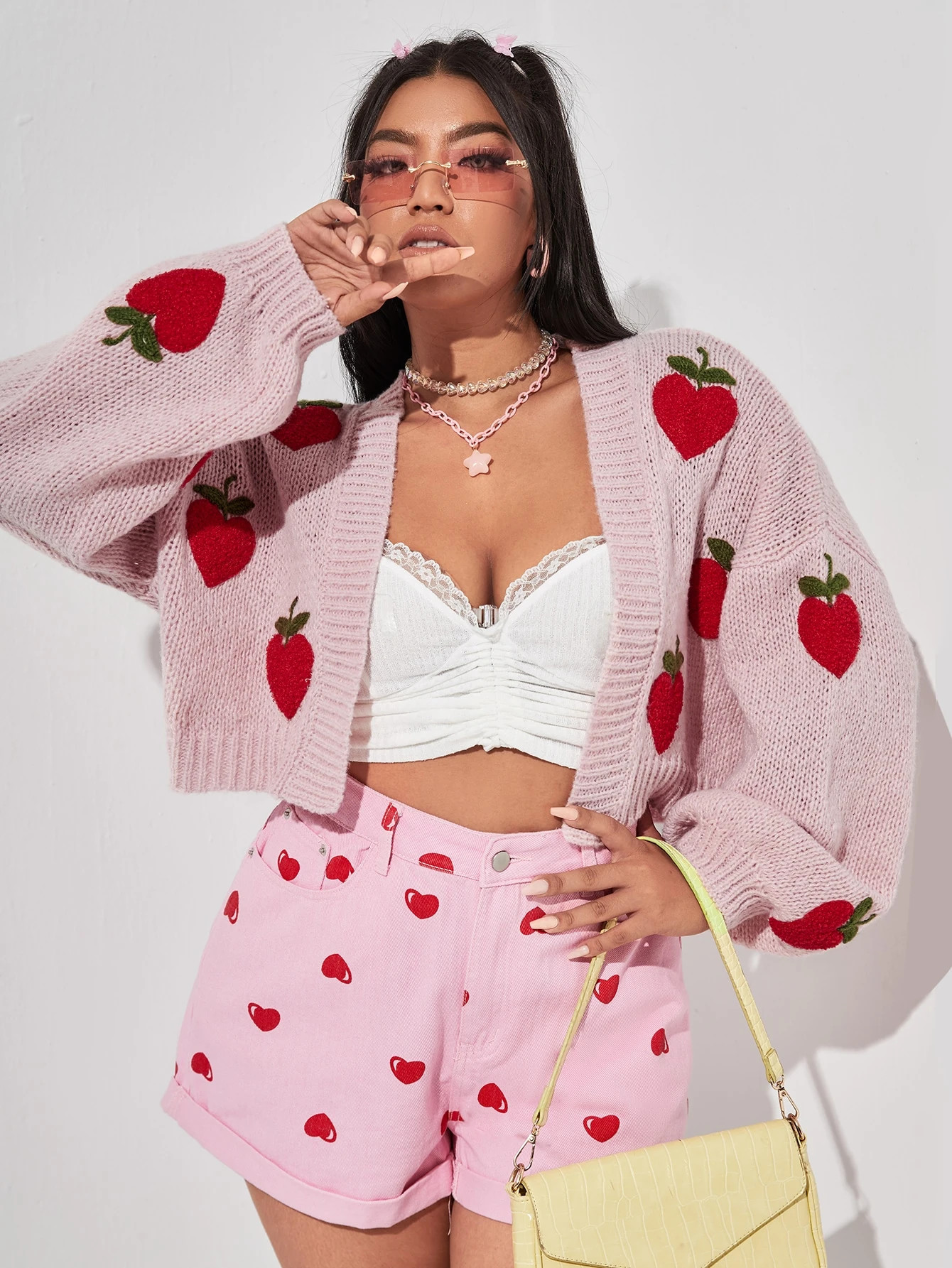 Plus Strawberry Pattern Drop Shoulder Cardigan | SHEIN