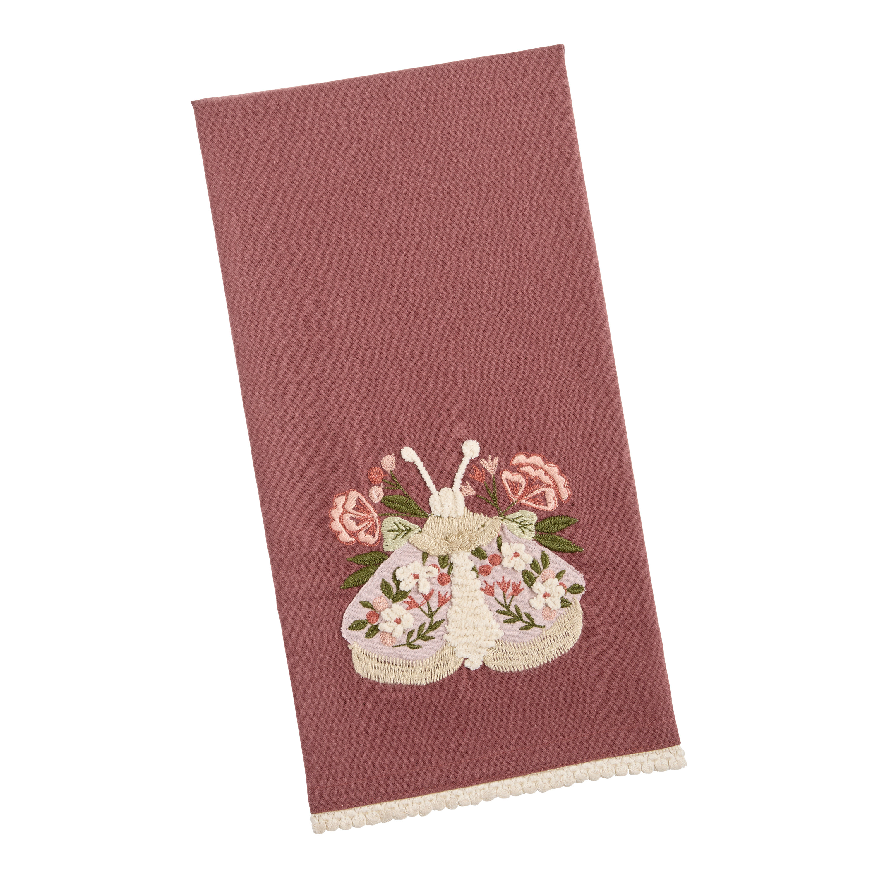 Wine Red Floral Moth Embroidered Kitchen Towel | World Market