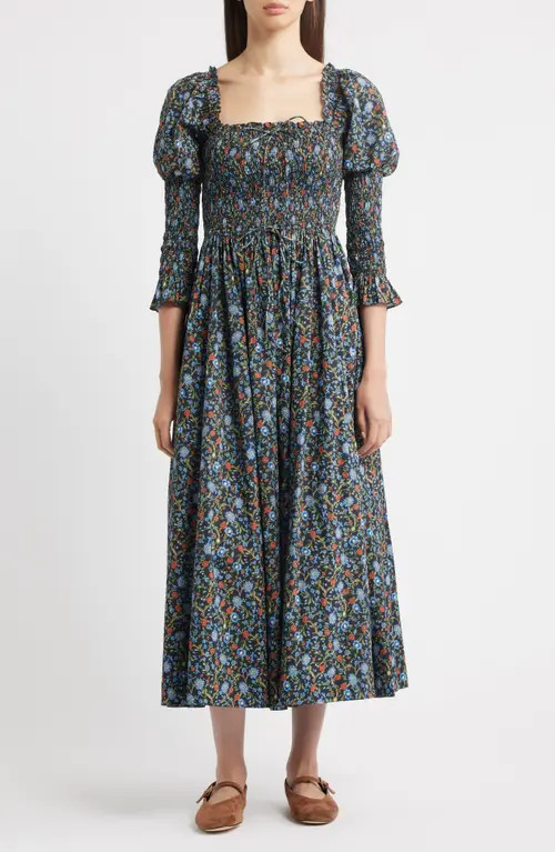 DÔEN Bijou Floral Midi Dress in Noir Prairie De Montagne at Nordstrom, Size Small | Nordstrom