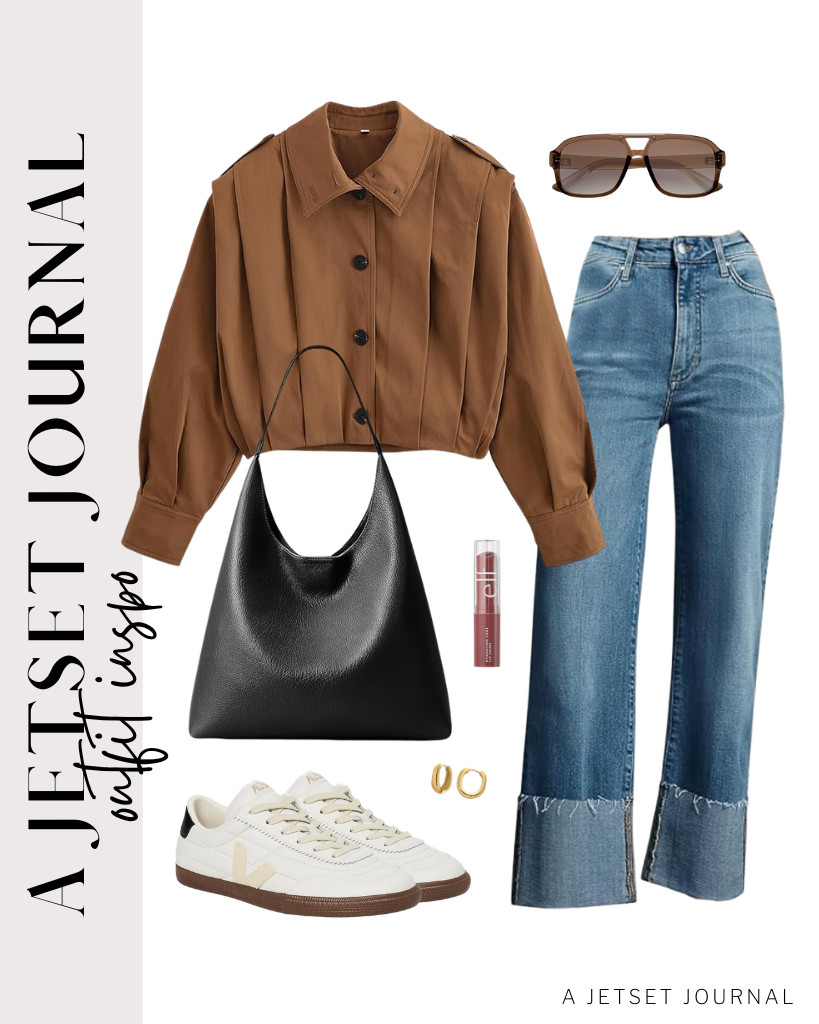 This stylish dark brown pleated jacket pairs wonderfully with high-waisted jeans and Panenka sneakers! Complete the outfit with a Kalidi slouchy hobo bag, huggie hoop earrings, and trendy sunnies for a fantastic look! 

 #LTKSeasonal #LTKSaleAlert #LTKTravel