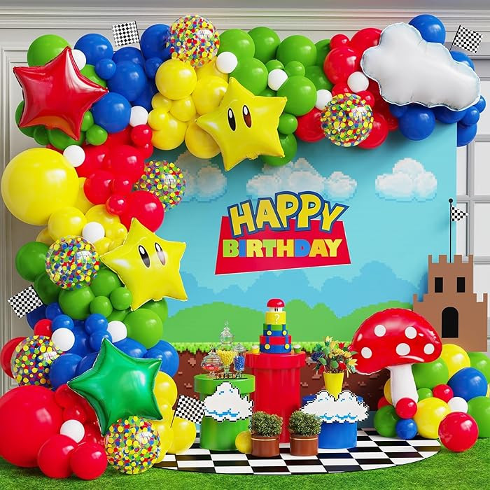 Red Blue Green Yellow Balloon Garland Kit with Confetti Cloud Mushroom Star Balloons for Bros Par... | Amazon (US)