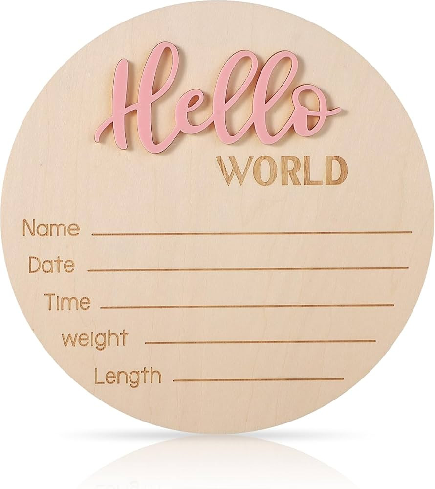 Newborn Announcement Sign, 5.9in Wooden Hello World Baby Welcome Sign Birth Baby Name Plaques for... | Amazon (US)