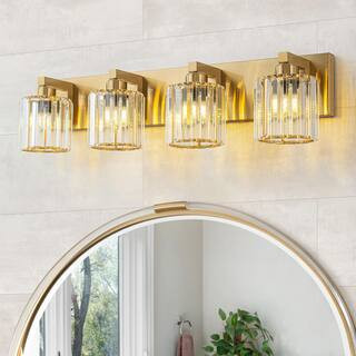 Orillia 28 in. 4-Light Gold Vanity Light with Cylinder Crystal Shade Modern Wall Mount Sconce for Bathroom Powder Room | The Home Depot