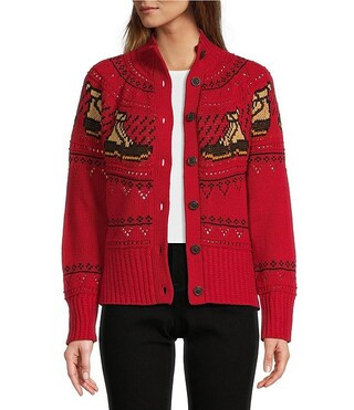 L.L.Bean Signature Fishermen Fair Isle Boot Pattern Rib Knit Stand Collar Long Sleeve Button Down... | Dillard's