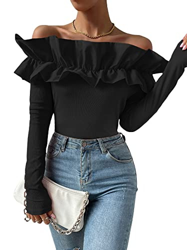 OYOANGLE Women's Long Sleeve Rib Knit Ruffle Off Shoulder Blouse Party Tops Shirt | Amazon (US)