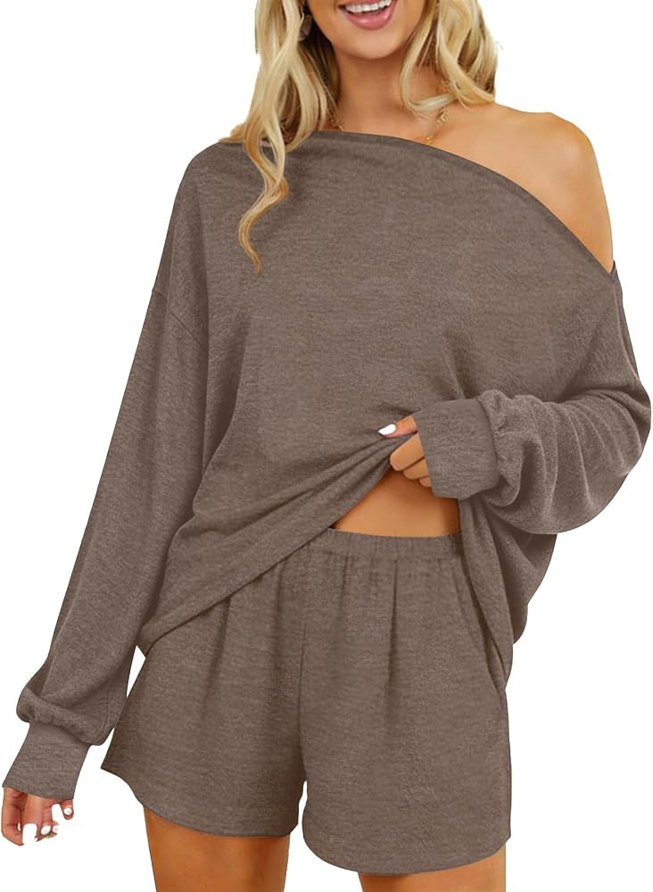 Dressmine 2 Piece Lounge Set Women Long Sleeve Top Loose Shorts Comfy Sets | Amazon (US)