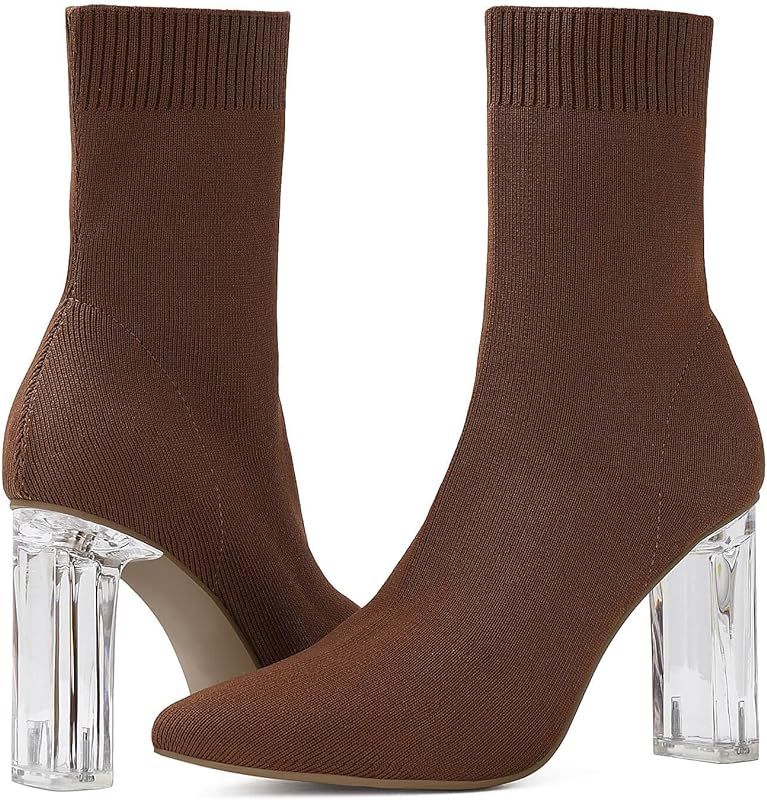 Shoe'N Tale Women's Ankle Booties Pointed Toe Chunky Block Heel Knit Sock Boots | Amazon (US)