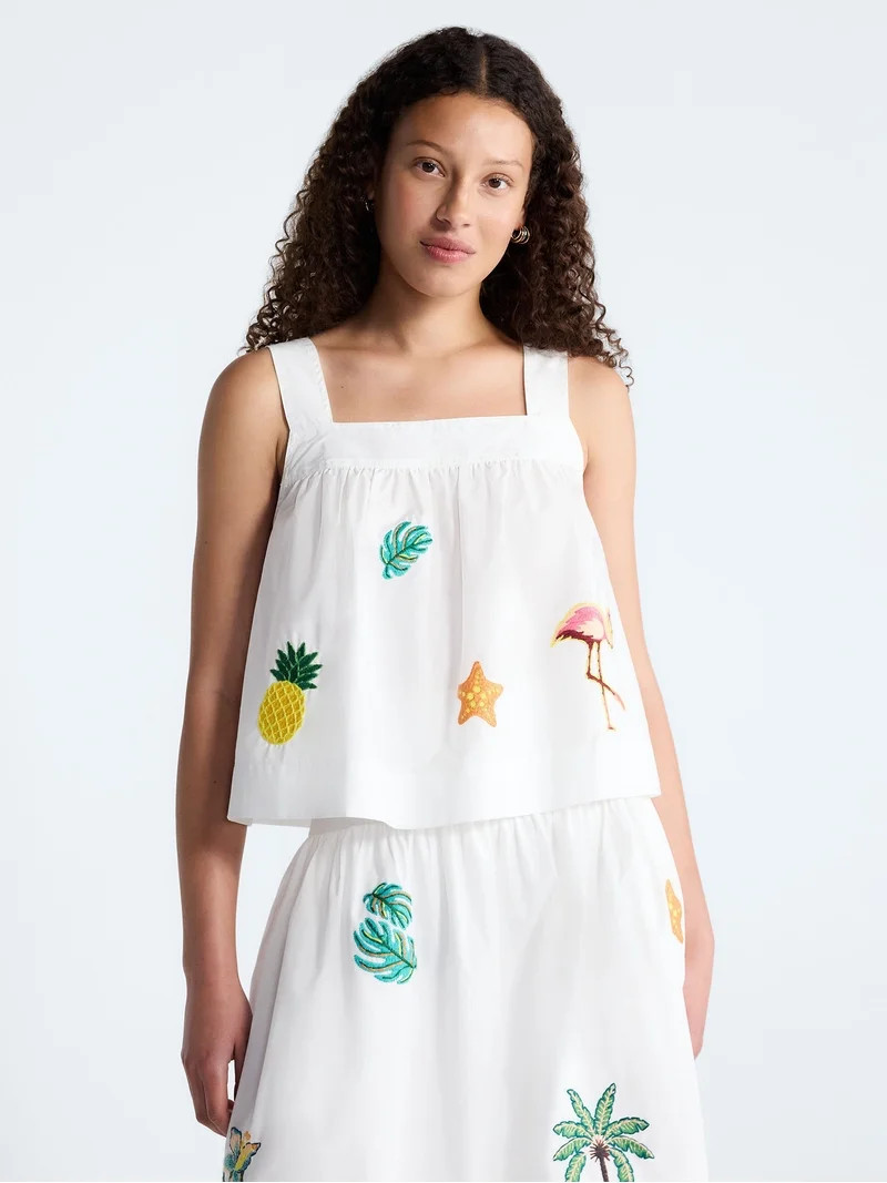 Free Assembly Women's and Women\u2019s Plus Embroidered Cotton Square Neck Top, Sizes XS-4X | Walmart (US)
