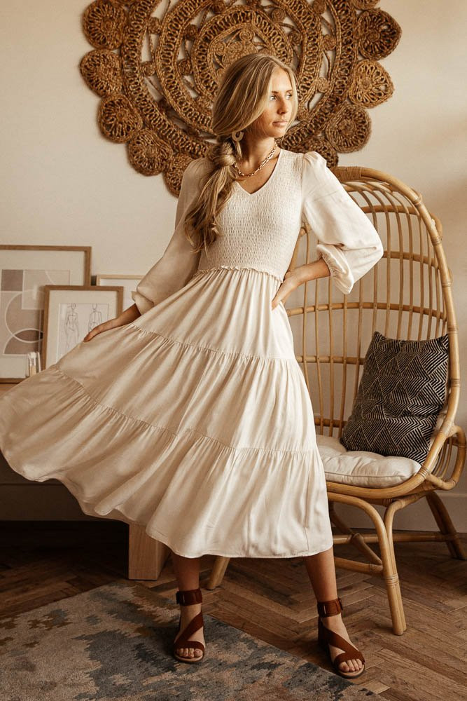 Smocked Tiered Midi Dress in Ivory - böhme | Böhme US