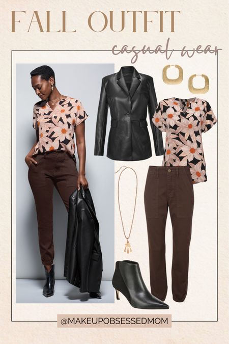 Here's an easy casual outfit to copy for Fall. A short sleeve floral top, faux leather blazer style jacket, stylish pants and more
#falloutfit #outfitinspo #petitefashion #fallfashion

#LTKstyletip #LTKFind #LTKSeasonal