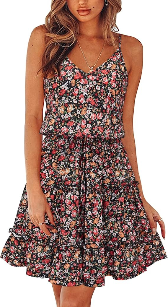 Newshows Women's 2024 Summer Dress Spaghetti Strap Casual Boho Beach Vacation Outfits Drawstring ... | Amazon (US)