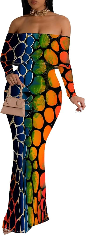 Women Casual Floral Print Off Shoulder Bodycon Long Sleeve Sexy Bodycon Ruched Maxi Dress Cocktai... | Amazon (US)