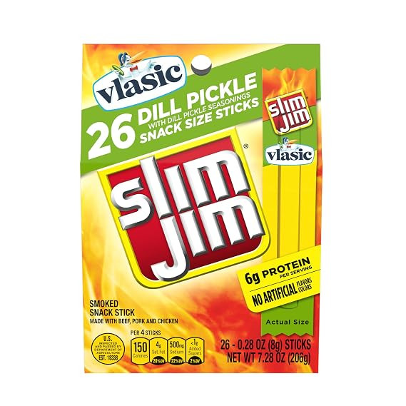 Slim Jim Smoked Meat Sticks, Vlasic Dill Pickle Flavor, 6g Protein Per Serving, Snack Size, Easte... | Amazon (US)