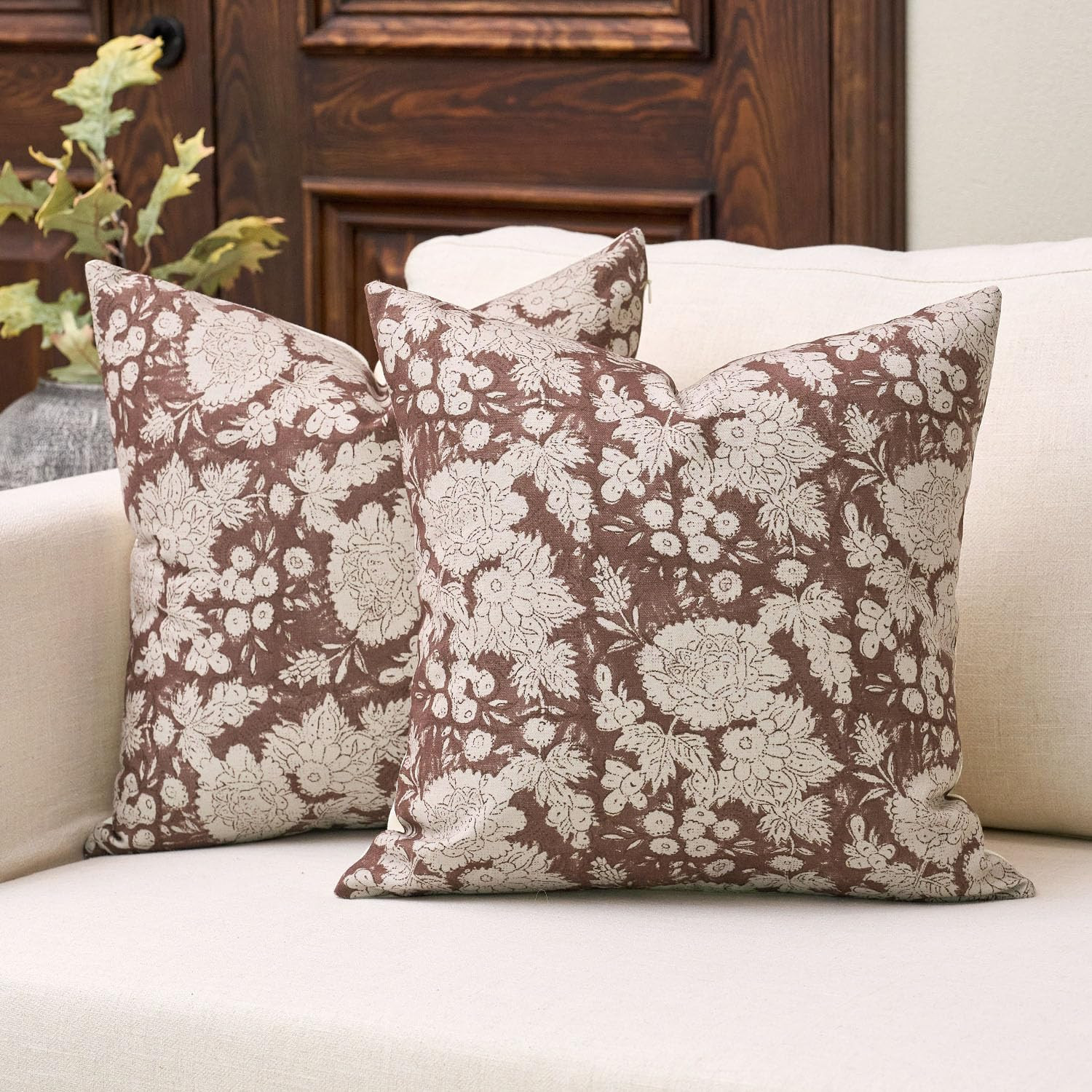 DOMVITUS Floral Pillow Covers 18x18 Set of 2, Vintage Block Print Pillow Covers Neutral Decorativ... | Amazon (US)