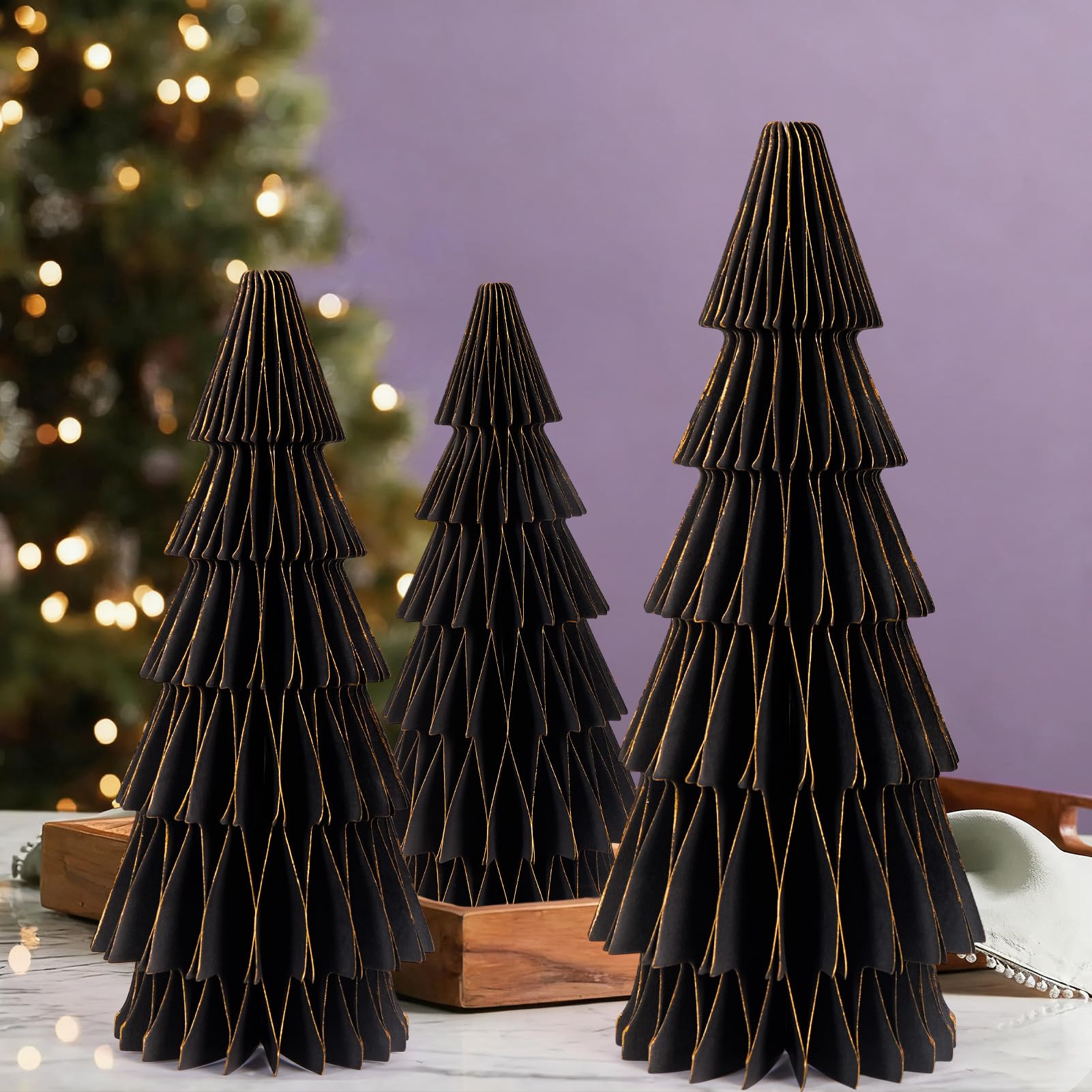 SUNBEAUTY 3PCS Black and Gold Honeycomb Paper Christmas Tree, 3D Christmas Tree Table Centerpiece... | Amazon (US)