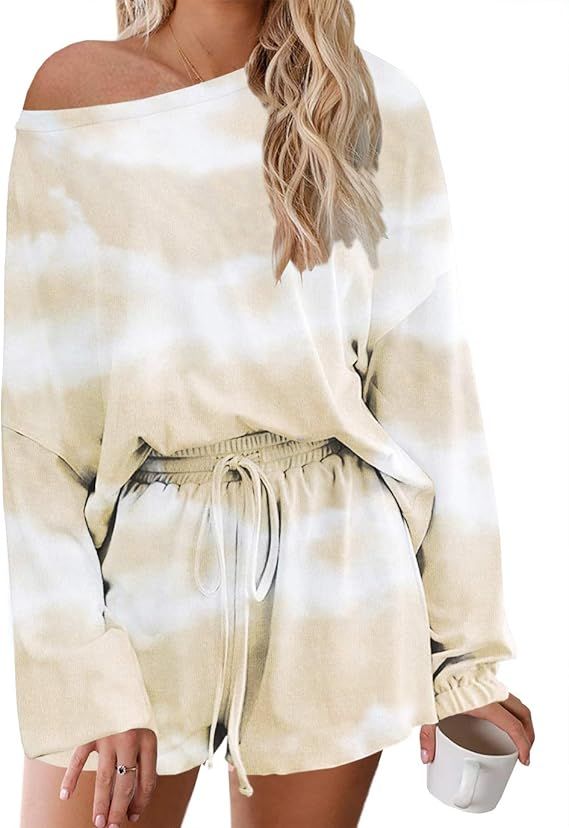 Yobecho Womens Tie Dye Print Long Sleeve Loungewear Nightwear Soft 2 Piece Short Pajamas Set | Amazon (US)