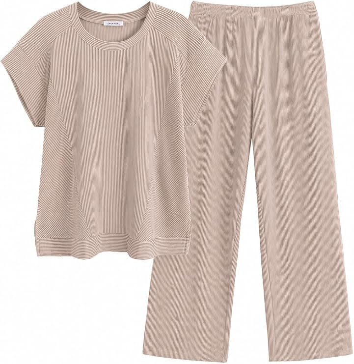 Ekouaer Two Piece Sets for Women Ribbed Short Sleeve Wide Leg Pant Set | Ribbed Texture, Crew Nec... | Amazon (US)