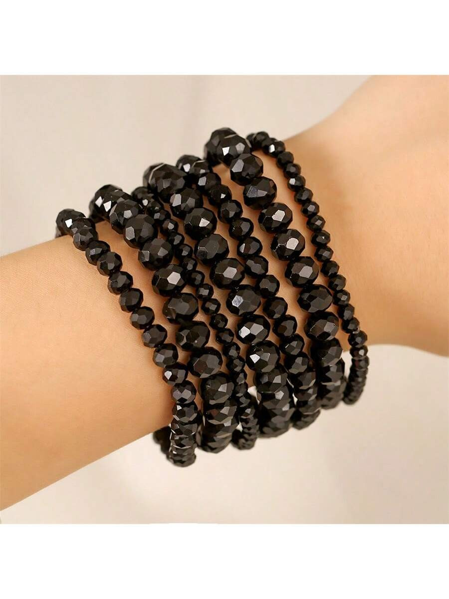 1 Set/7pcs Bohemian Multilayer Stackable Faceted Artificial Crystal Bead Bracelet Set | SHEIN