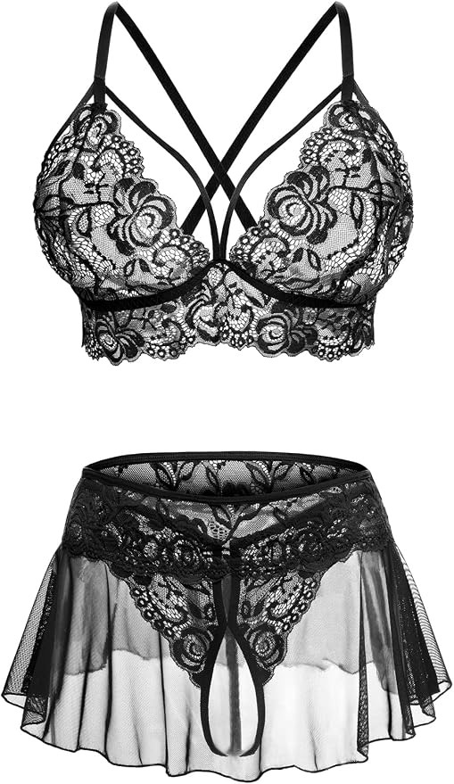 Sexy Lingerie for Women Naughty 3 Piece Lace Bralette, Mini Skirt with G-String Crotchless Linger... | Amazon (US)