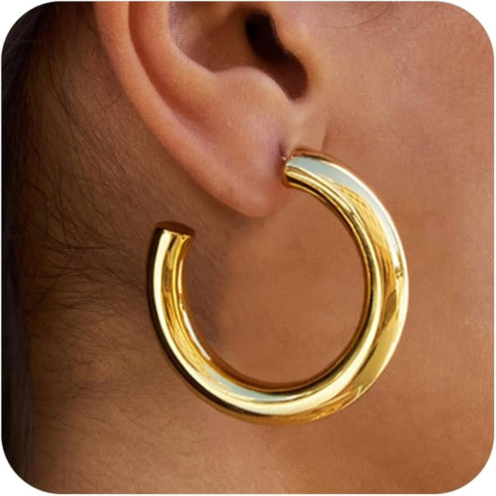 Chunky Gold Hoop Earrings: 14K Gold Plated, Non Tarnish, Lightweight, Open Tube Design, Hypoaller... | Amazon (US)