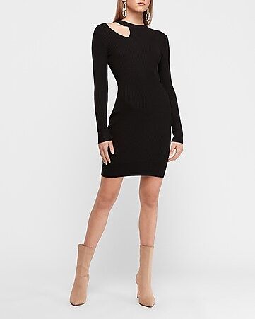 ribbed long sleeve cut-out neck bodycon sweater dress | Express