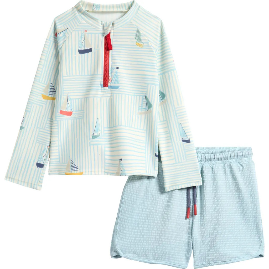 Pehr Kids' Two-Piece Long Sleeve Rashguard & Trunks Swimsuit Set in Set Sail at Nordstrom, Size 0-6M | Nordstrom