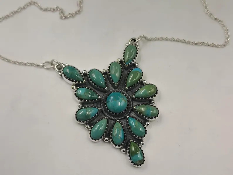 Handmade Kingman Turquoise Cluster Necklace, Sterling Silver Southwestern Boho Jewelry | Etsy (Global)