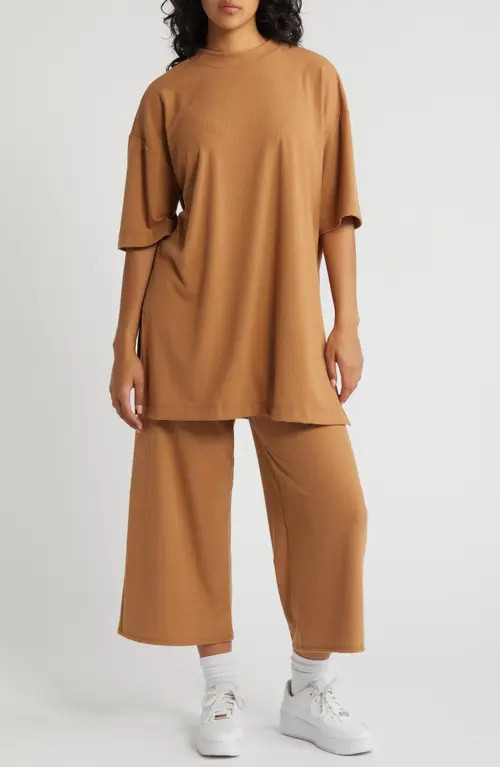 Dressed in Lala Lex Rib Oversize T-Shirt & High Waist Crop Pants in Suntan at Nordstrom, Size Xx-Large | Nordstrom