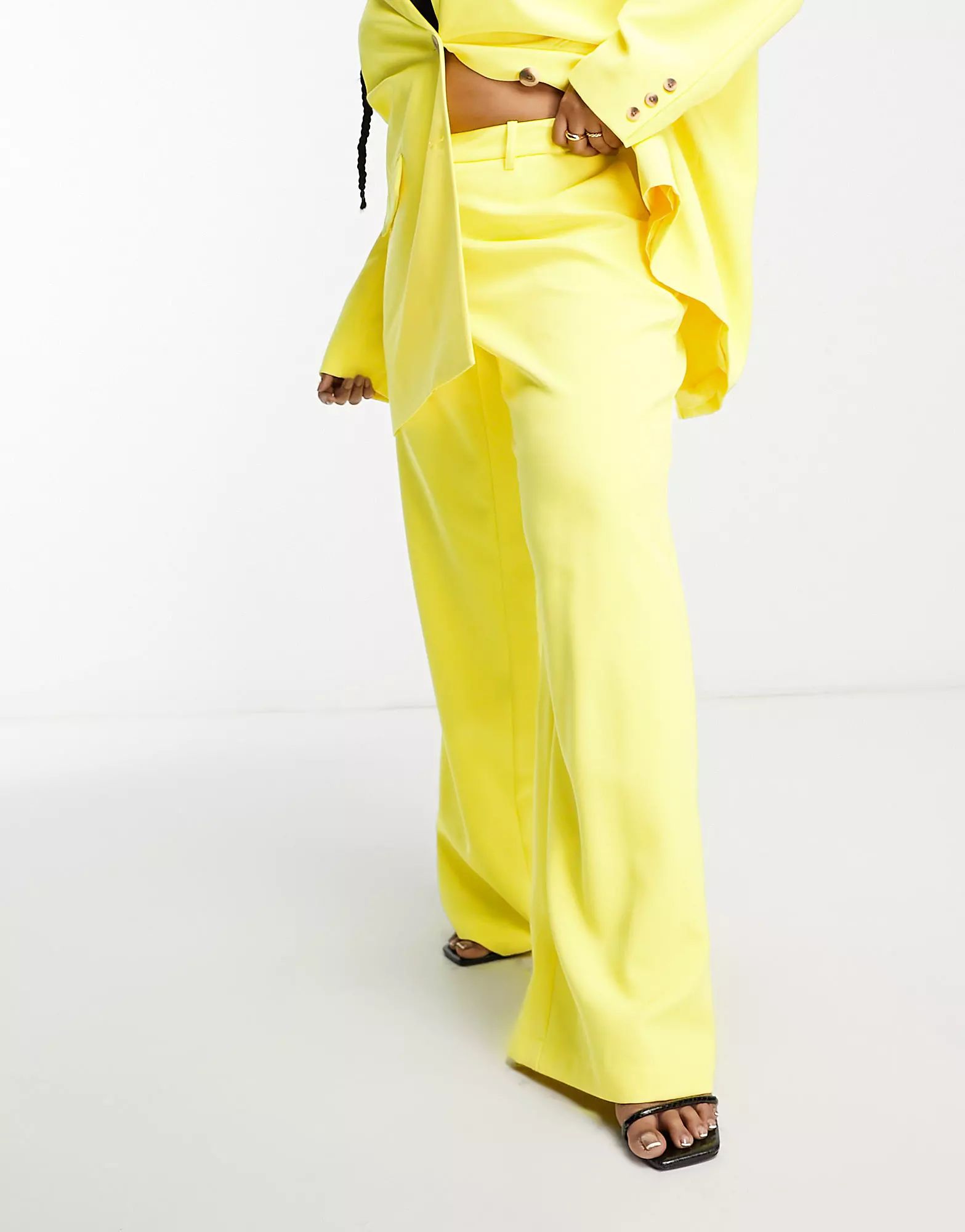 Something New Curve X Madeleine Pedersen tailored wide leg trousers co-ord in neon yellow | ASOS (Global)