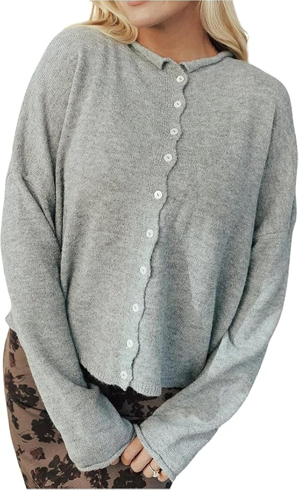 Esmeling Women Button Down Striped Cardigan Crew Neck Long Sleeves Sweater Open Front Knit Outerw... | Amazon (US)