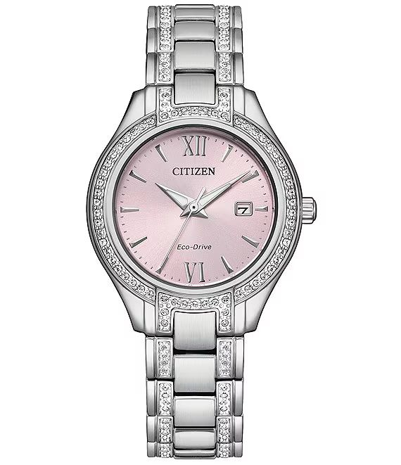 Women's Silhouette Crystal Three Hand Stainless Steel Pink Dial Bracelet Watch | Dillard's