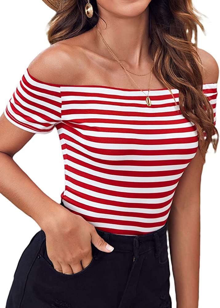 LilyCoco Women's Short Sleeve Vogue Fitted Off Shoulder Shirt Modal Top T-Shirt | Amazon (US)