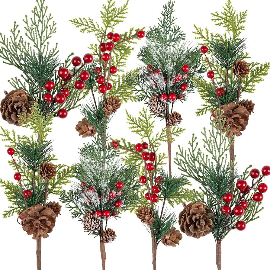 AnyDesign Artificial Christmas Picks Assorted Faux Pine Picks Red Berry Picks Stems Spray Twigs E... | Amazon (US)