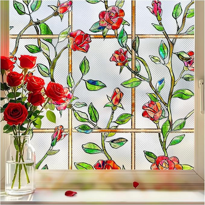 Stained Glass Window Film, Window Privacy Film Frosted Faux 3D Floral Decorative Static Cling Hea... | Amazon (US)