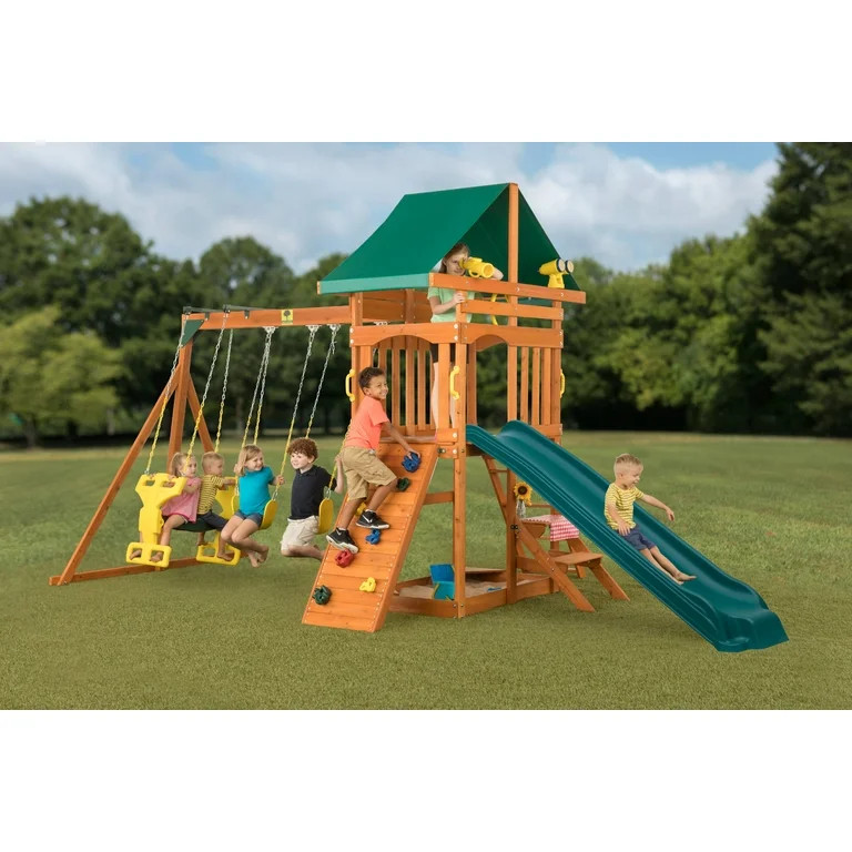 Sky View Cedar Backyard Playset | W: 17'10" D: 9'4" H: 9'9" | w/2-Person Glider & 2 Belt Swings |... | Walmart (US)