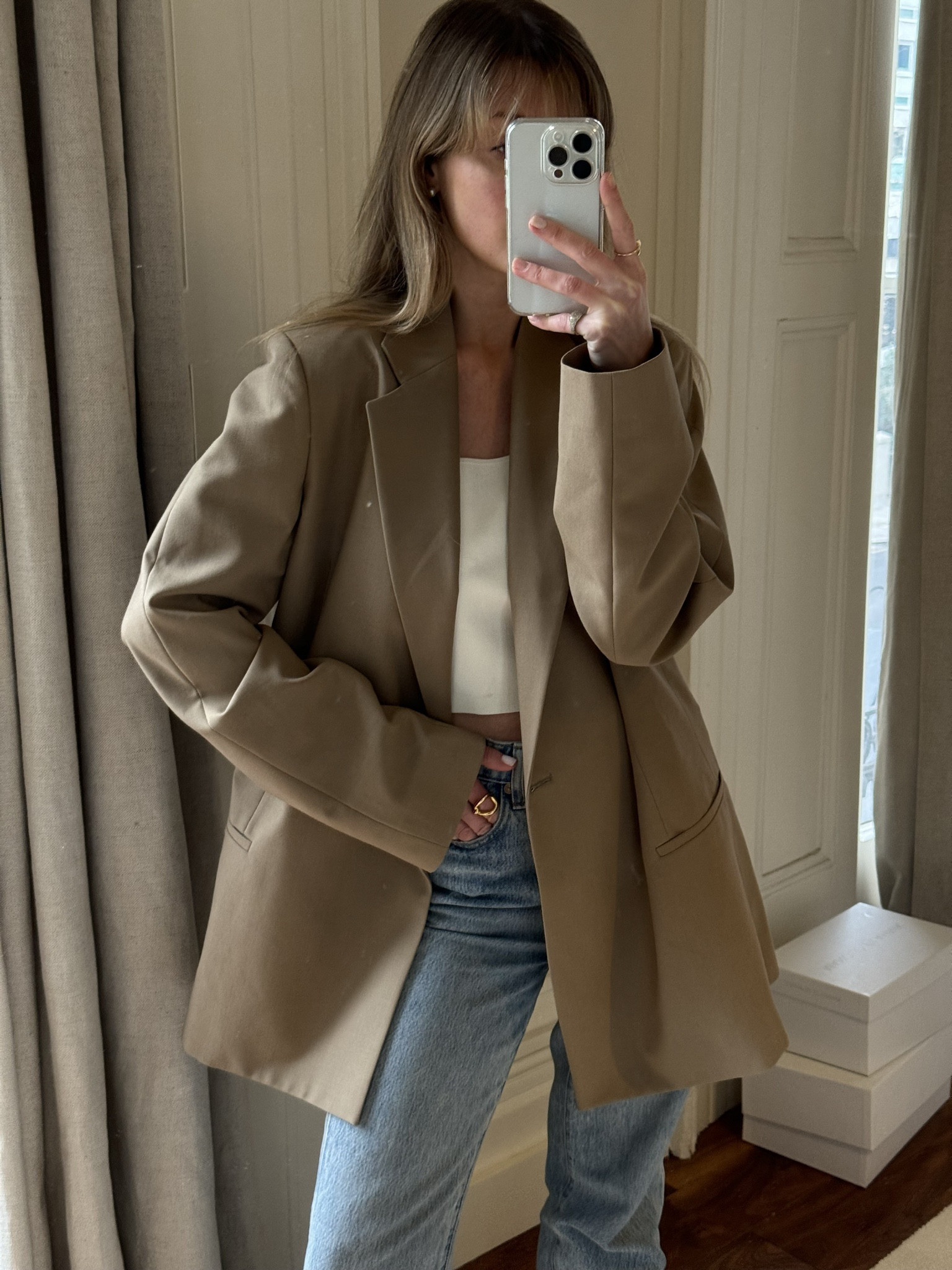 Neutral blazer, Khaite Abigail jeans, blue jeans, high waisted jeans, Toteme blazer, blue denim, neutrals, Maje crop top, oversized blazer 

#LTKstyletip #LTKeurope #LTKSeasonal