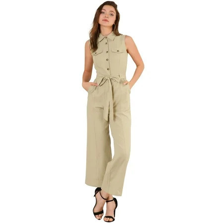 DARING DIVA Women s Wide Leg Jumpsuit Collared Tie Waist Coverall M Khaki | Walmart (US)