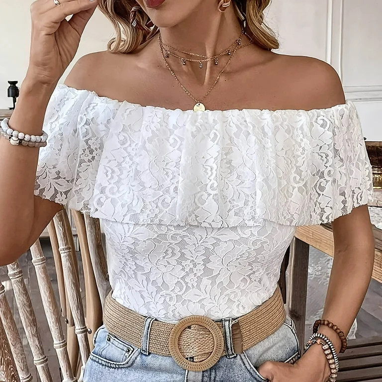 QUNYINEY Casual Women's Tops Short Sleeve Lace Off Shoulder Shirts Summer Loose Pullover Women's ... | Walmart (US)