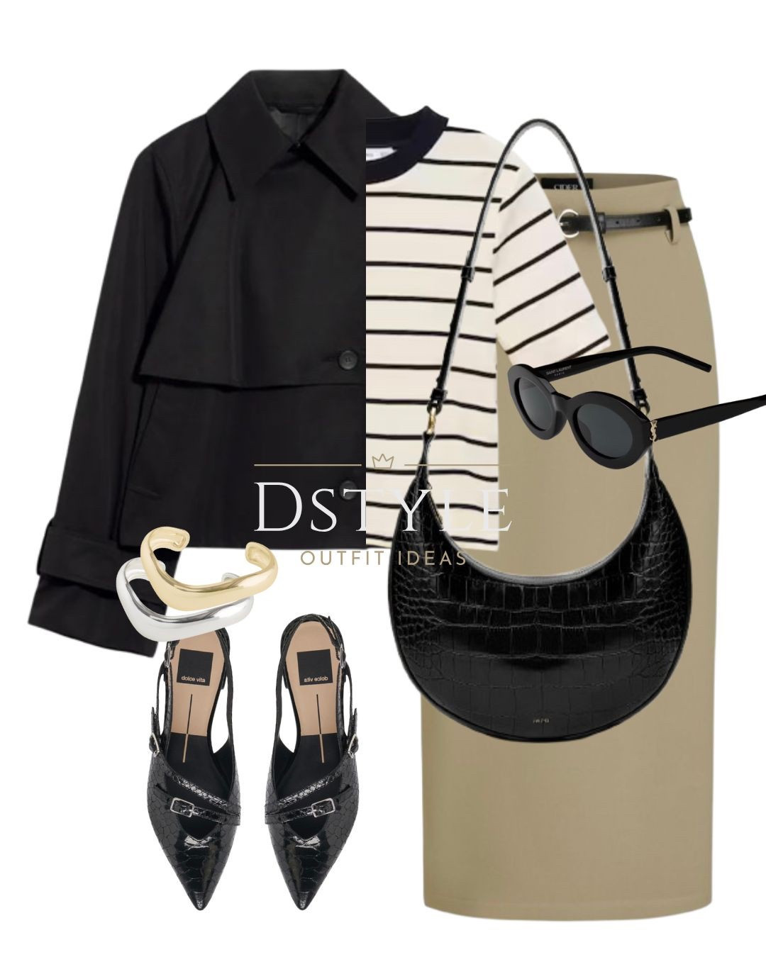 Black short trench coat, ecru striped t-shirt, khaki maxi skirt with belt, black bag, black pointed toe slingback flat shoes 

 

#LTKFindsUnder50 #LTKStyleTip #LTKWorkwear