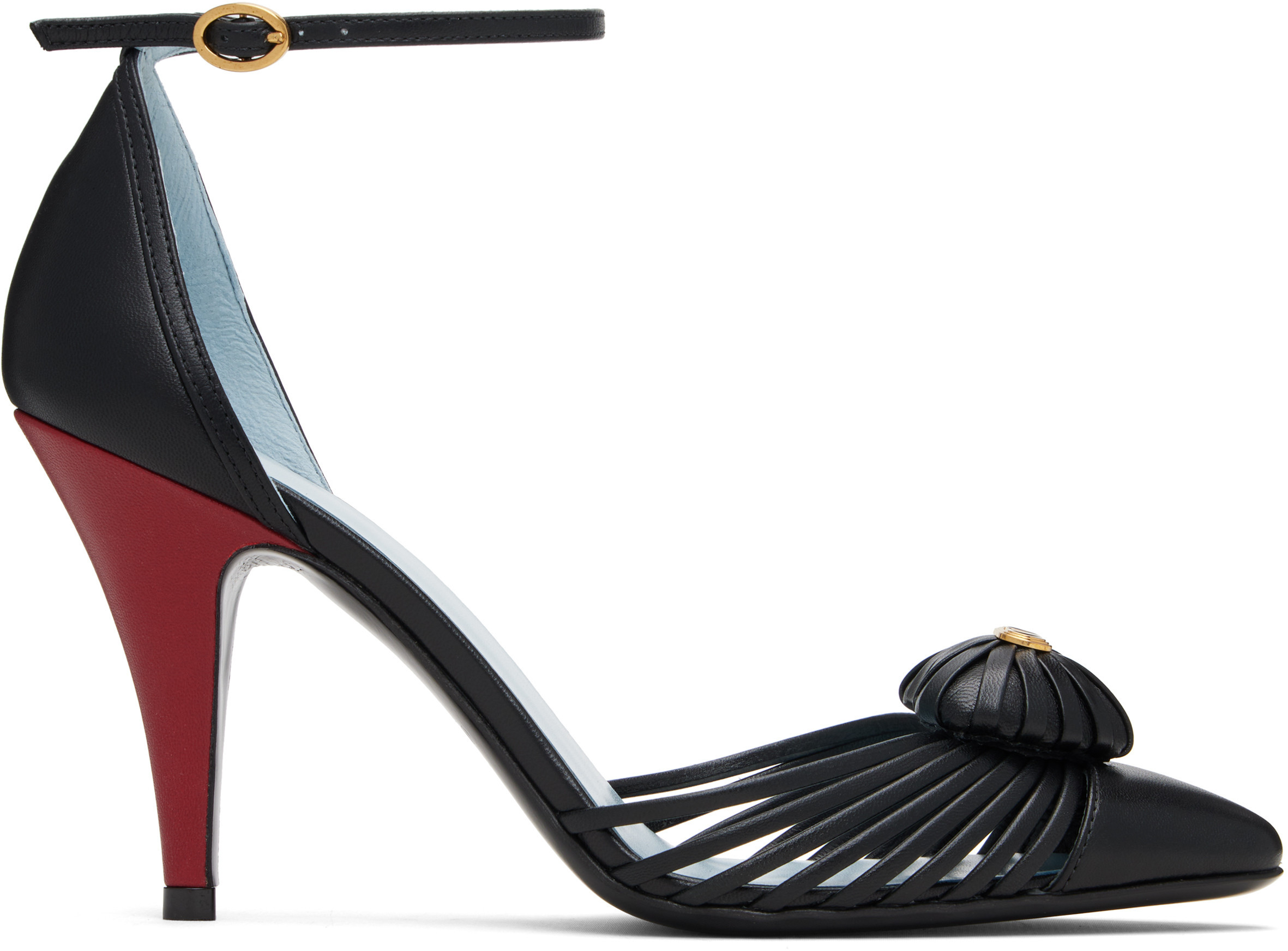 Valentino Garavani Black Ankle Strap Leather Woven Heart Heels | SSENSE