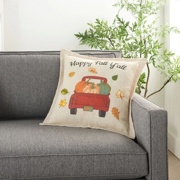 Mina Victory Harvest Fall Pumpkins Embroidered Natural Throw Pillow 18" x 18" | Bed Bath & Beyond