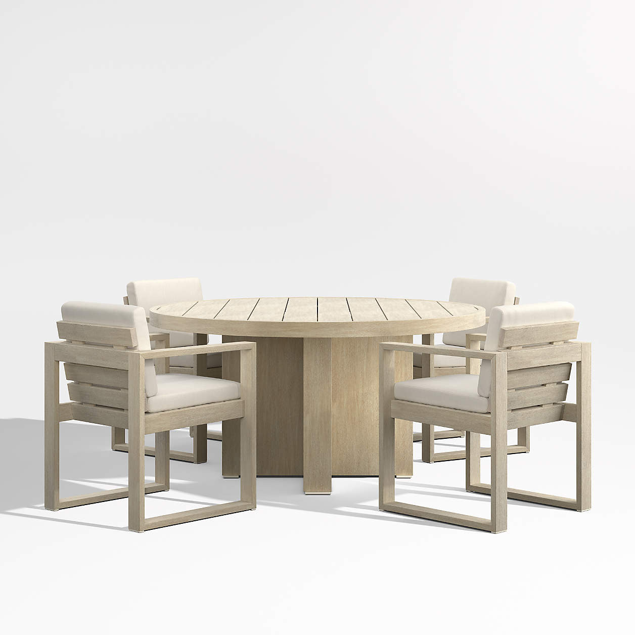 Mallorca 60" Wood Outdoor Dining Table Set with Ivory Cushions + Reviews | Crate & Barrel | Crate & Barrel