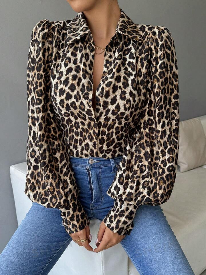 SHEIN Essnce Women's Leopard Print Simple Button Everyday Bubble Lantern Long Sleeve Shirt  Back ... | SHEIN