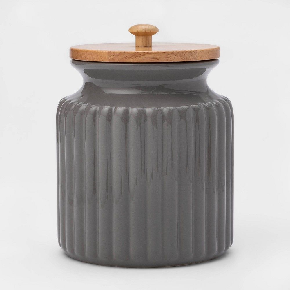 84oz Stoneware Ribbed Food Storage Canister with Wood Lid Gray - Threshold | Target