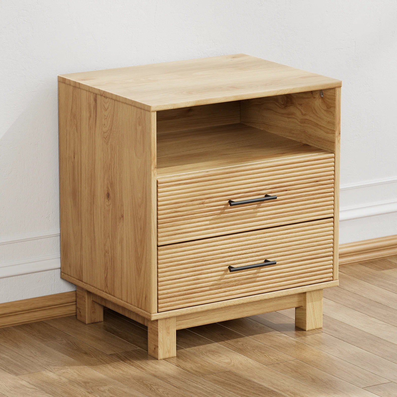 Modern Wooden Nightstand with 2 Drawers & Open Shelf, Mid-Century End Table for Bedroom & Living ... | Wayfair North America