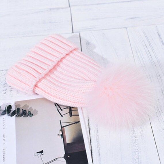 Light Pink Pom Poms Fox Fur Hats Real Fox Fluffy Wool Cotton Knit Black/White Large POMPOMS Hats ... | Etsy (US)