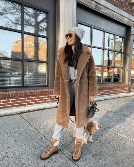 Kat Jamieson wears a teddy coat and cashmere jogger set with snow boots. Winter outfit, beanie. 

#LTKSeasonal #LTKHoliday #LTKshoecrush
