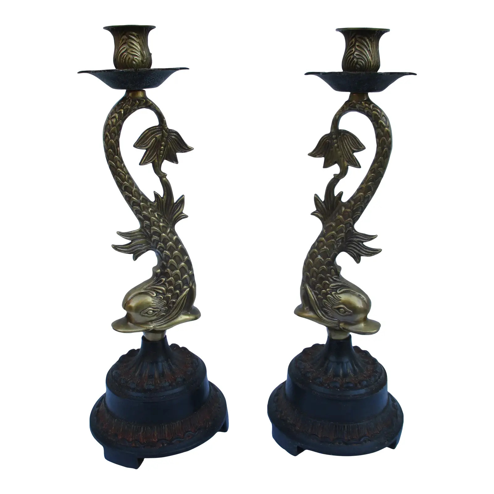 Vintage Brass Koi Fish or Dolphin Candlesticks | Chairish